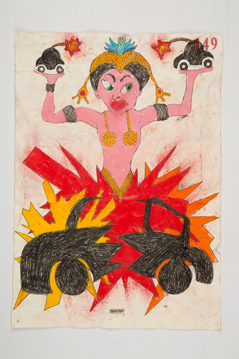 Camilo Restrepo. <em>Mata Hari</em>, 2021. Water-soluble wax pastel, ink, tape and saliva on paper 11 3/4 x 8 1/4 inches (29.8 x 21 cm)