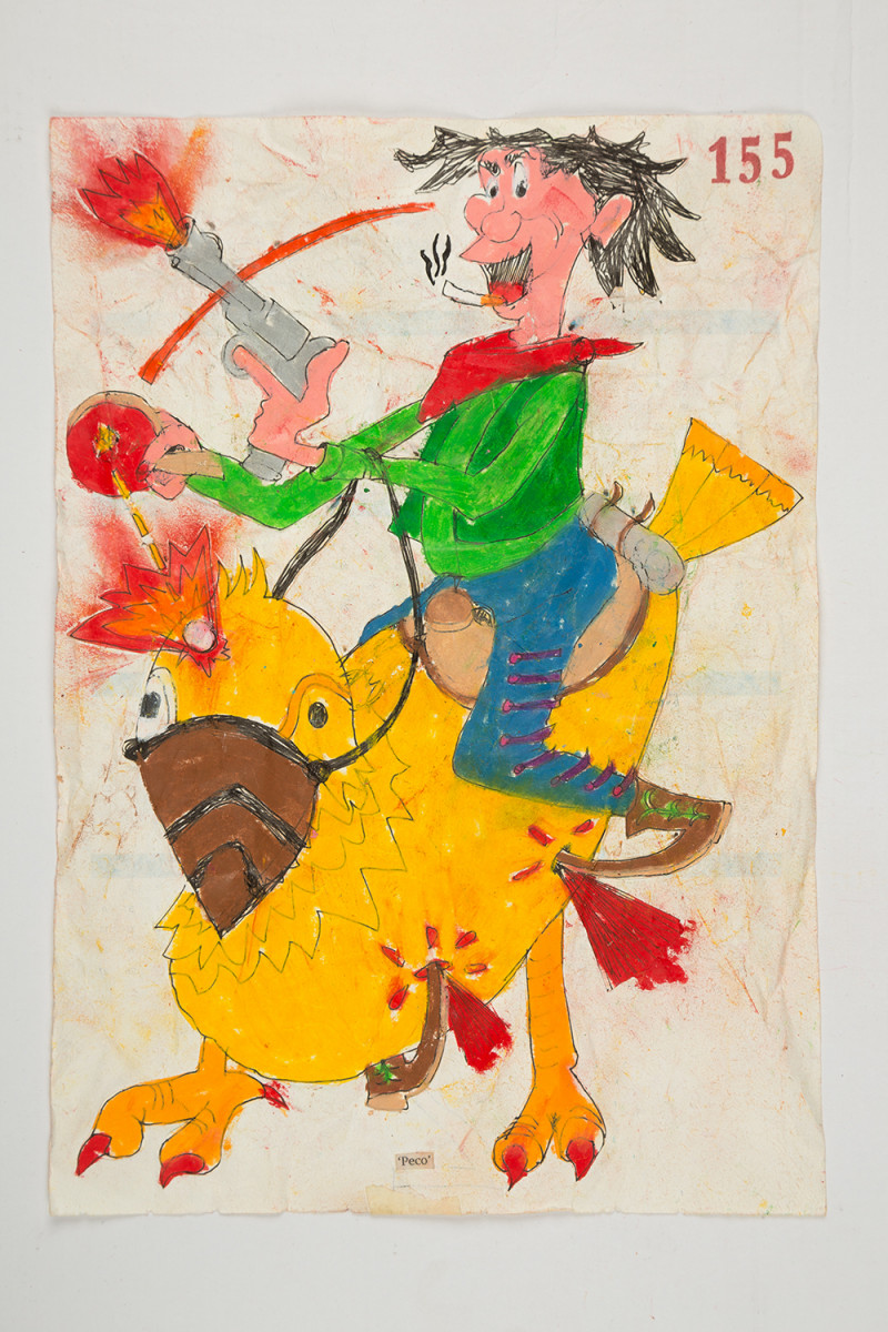 Camilo Restrepo. <em>Peco</em>, 2021. Water-soluble wax pastel, ink, tape and saliva on paper 11 3/4 x 8 1/4 inches (29.8 x 21 cm)