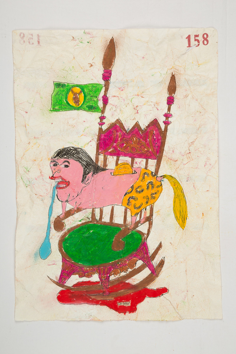 Camilo Restrepo. <em>Cayita</em>, 2021. Water-soluble wax pastel, ink, tape and saliva on paper 11 3/4 x 8 1/4 inches (29.8 x 21 cm)