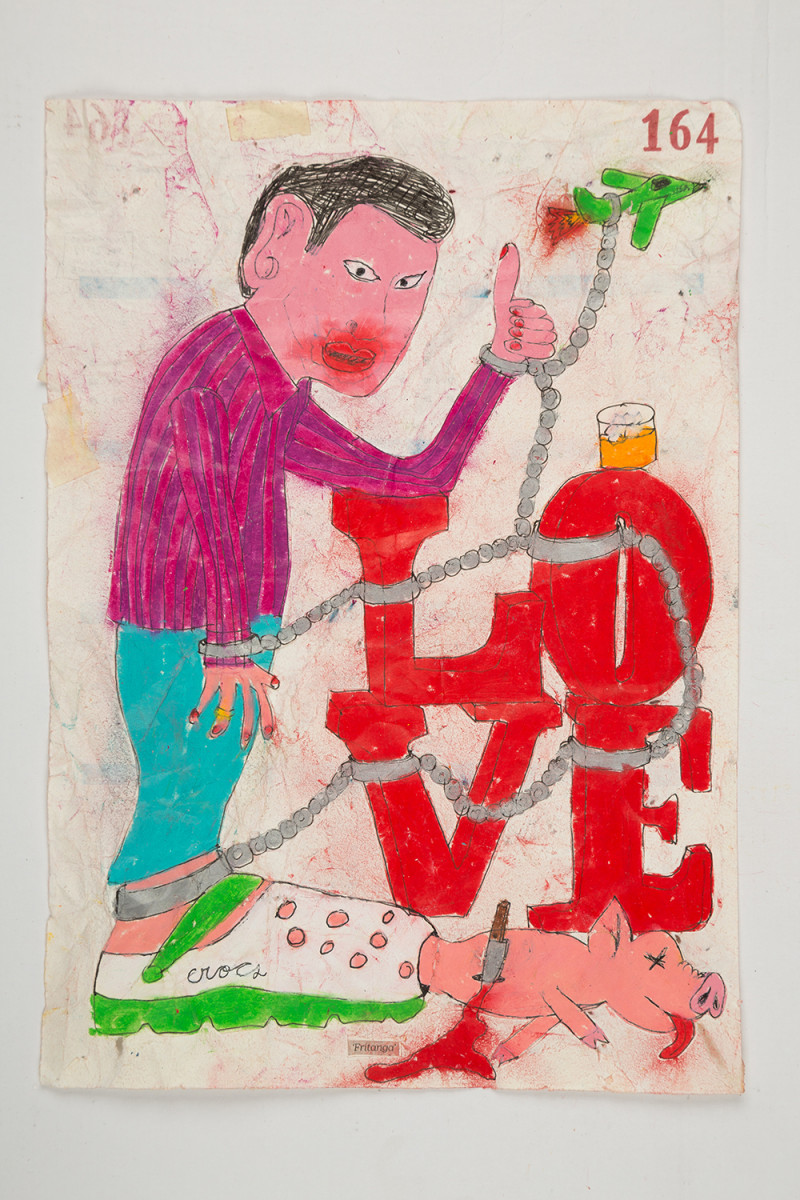 Camilo Restrepo. <em>Fritanga</em>, 2021. Water-soluble wax pastel, ink, tape and saliva on paper 11 3/4 x 8 1/4 inches (29.8 x 21 cm)