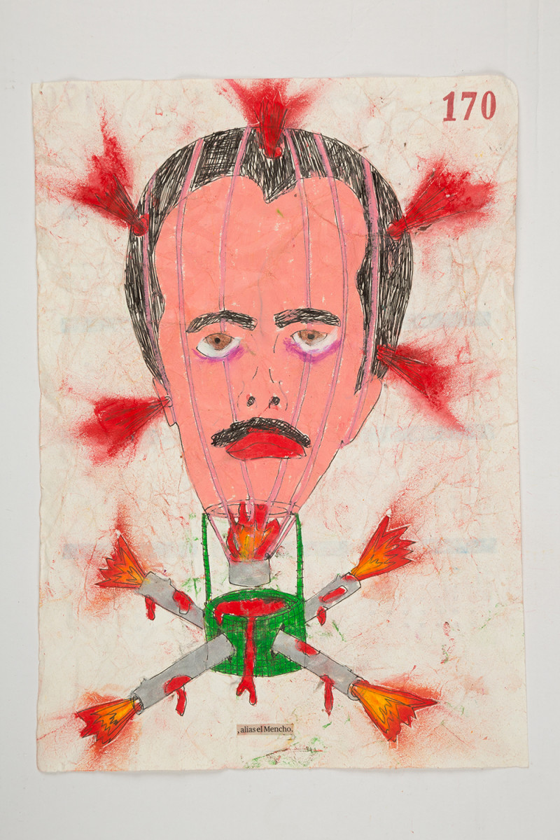Camilo Restrepo. <em>Mencho</em>, 2021. Water-soluble wax pastel, ink, tape and saliva on paper 11 3/4 x 8 1/4 inches (29.8 x 21 cm)