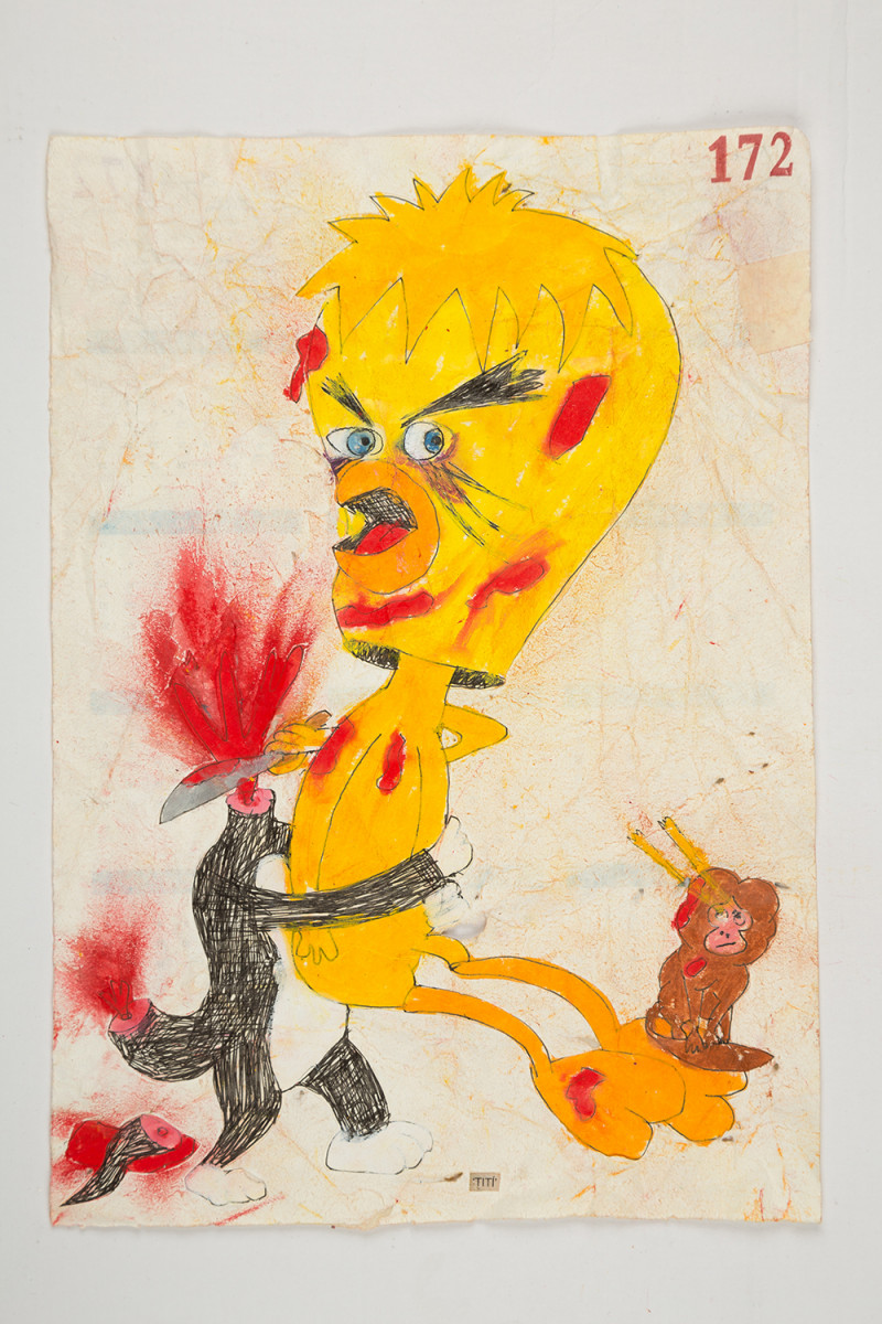 Camilo Restrepo. <em>Titì</em>, 2021. Water-soluble wax pastel, ink, tape and saliva on paper 11 3/4 x 8 1/4 inches (29.8 x 21 cm)