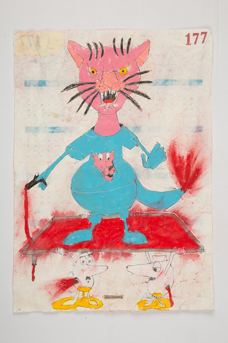 Camilo Restrepo. <em>Pantera</em>, 2021. Water-soluble wax pastel, ink, tape and saliva on paper 11 3/4 x 8 1/4 inches (29.8 x 21 cm)