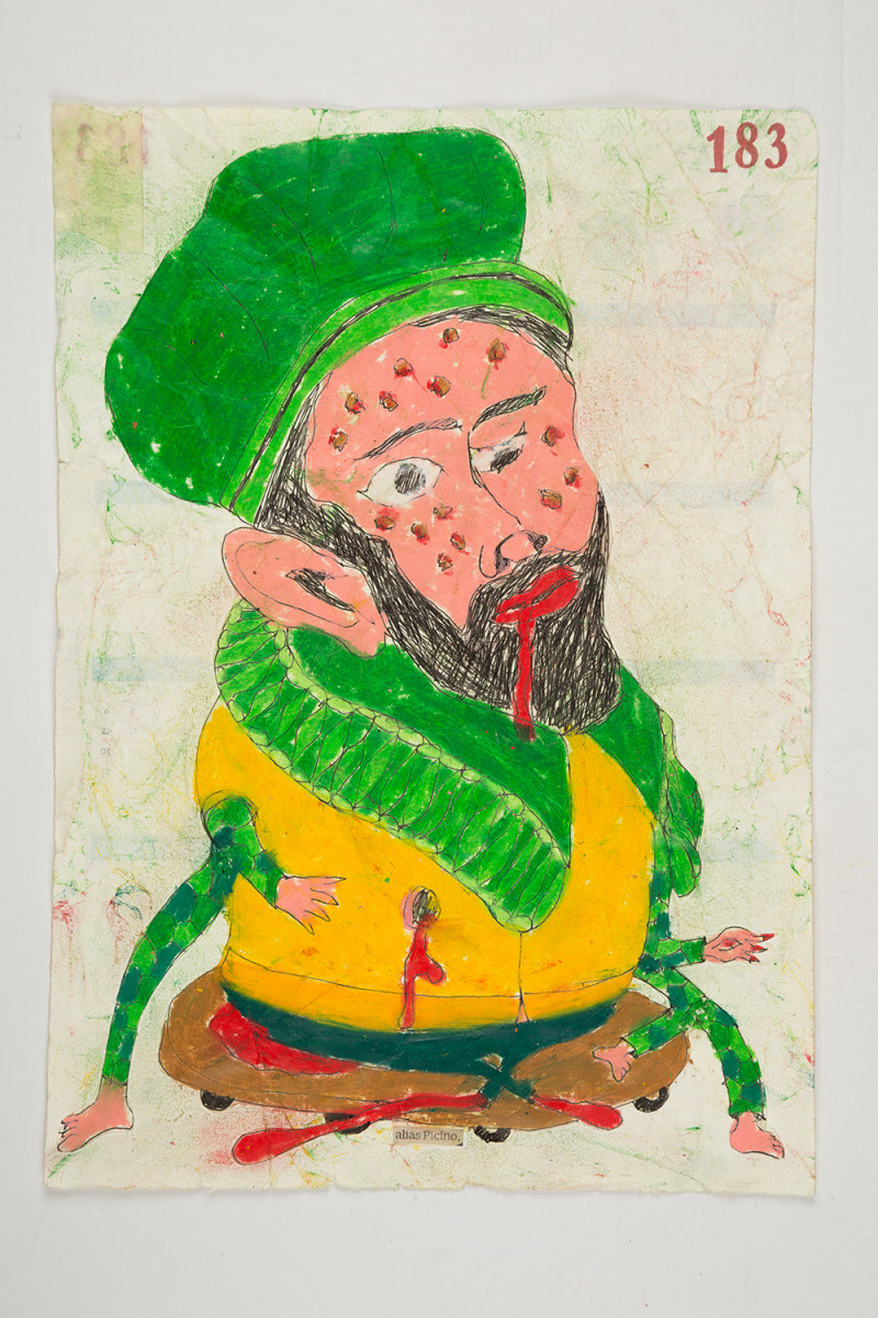 Camilo Restrepo. <em>Picino</em>, 2021. Water-soluble wax pastel, ink, tape and saliva on paper 11 3/4 x 8 1/4 inches (29.8 x 21 cm)