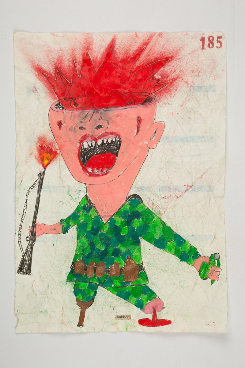 Camilo Restrepo. <em>Soldado</em>, 2021. Water-soluble wax pastel, ink, tape and saliva on paper 11 3/4 x 8 1/4 inches (29.8 x 21 cm)