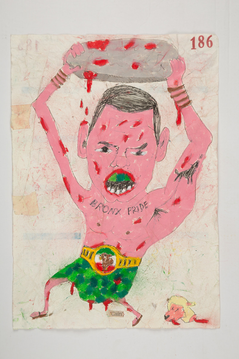 Camilo Restrepo. <em>Caìn</em>, 2021. Water-soluble wax pastel, ink, tape and saliva on paper 11 3/4 x 8 1/4 inches (29.8 x 21 cm)