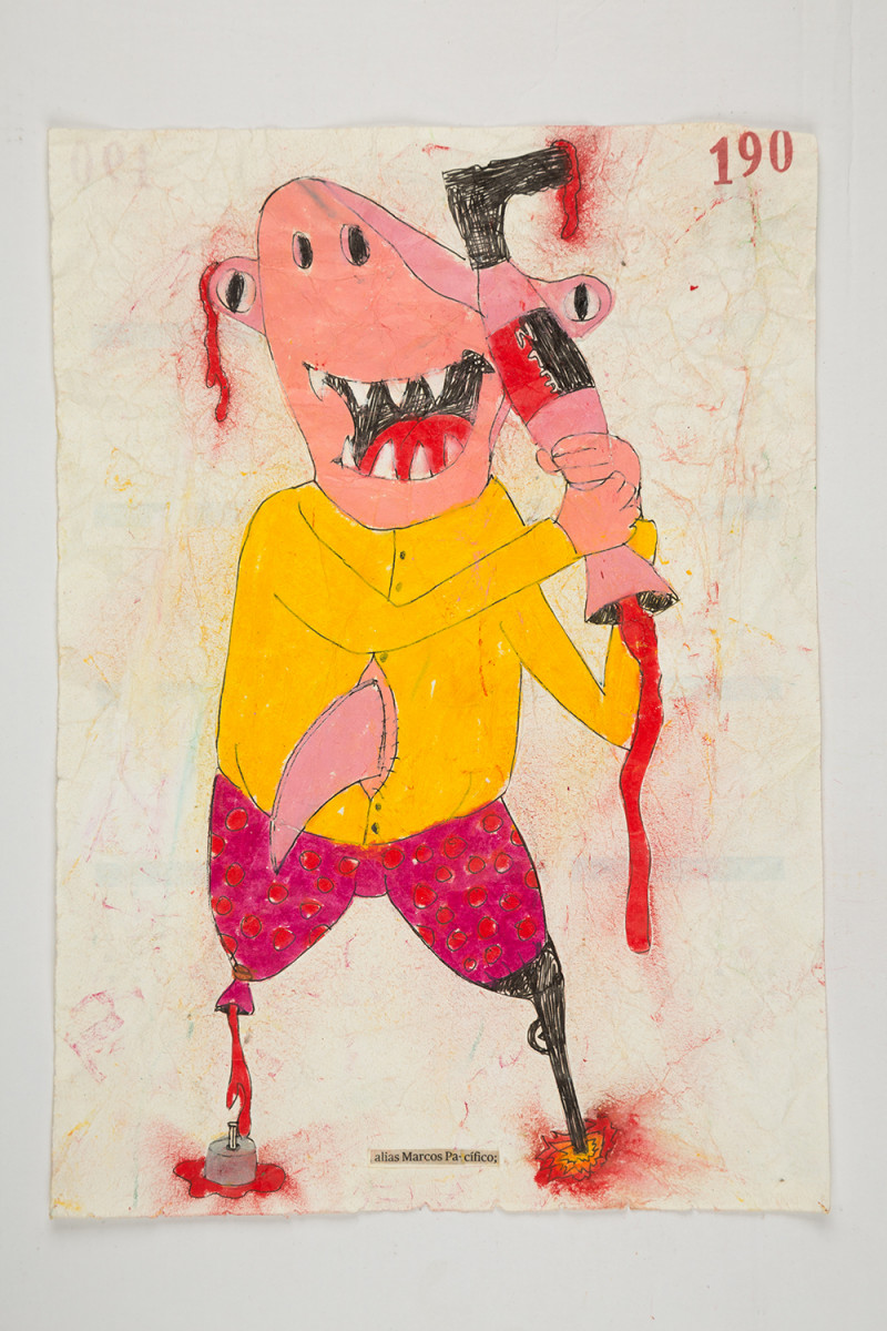 Camilo Restrepo. <em>Marcos Pacìfico</em>, 2021. Water-soluble wax pastel, ink, tape and saliva on paper 11 3/4 x 8 1/4 inches (29.8 x 21 cm)