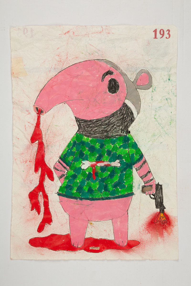 Camilo Restrepo. <em>Antonio</em>, 2021. Water-soluble wax pastel, ink, tape and saliva on paper 11 3/4 x 8 1/4 inches (29.8 x 21 cm)