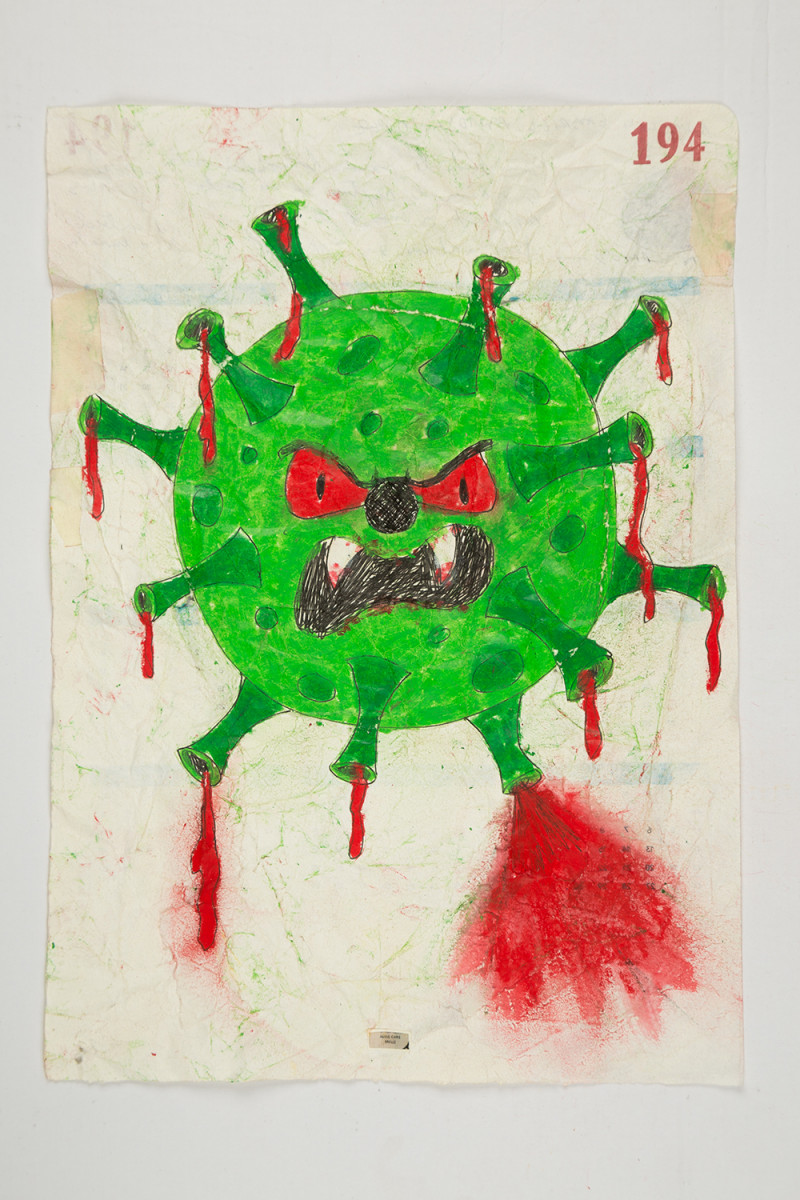 Camilo Restrepo. <em>Caremalo</em>, 2021. Water-soluble wax pastel, ink, tape and saliva on paper 11 3/4 x 8 1/4 inches (29.8 x 21 cm)