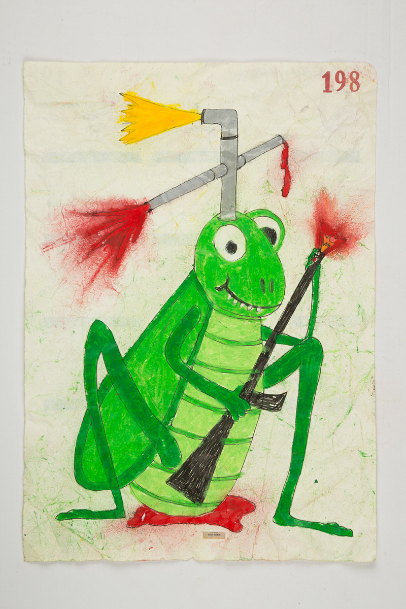 Camilo Restrepo. <em>Alirio</em>, 2021. Water-soluble wax pastel, ink, tape and saliva on paper 11 3/4 x 8 1/4 inches (29.8 x 21 cm)