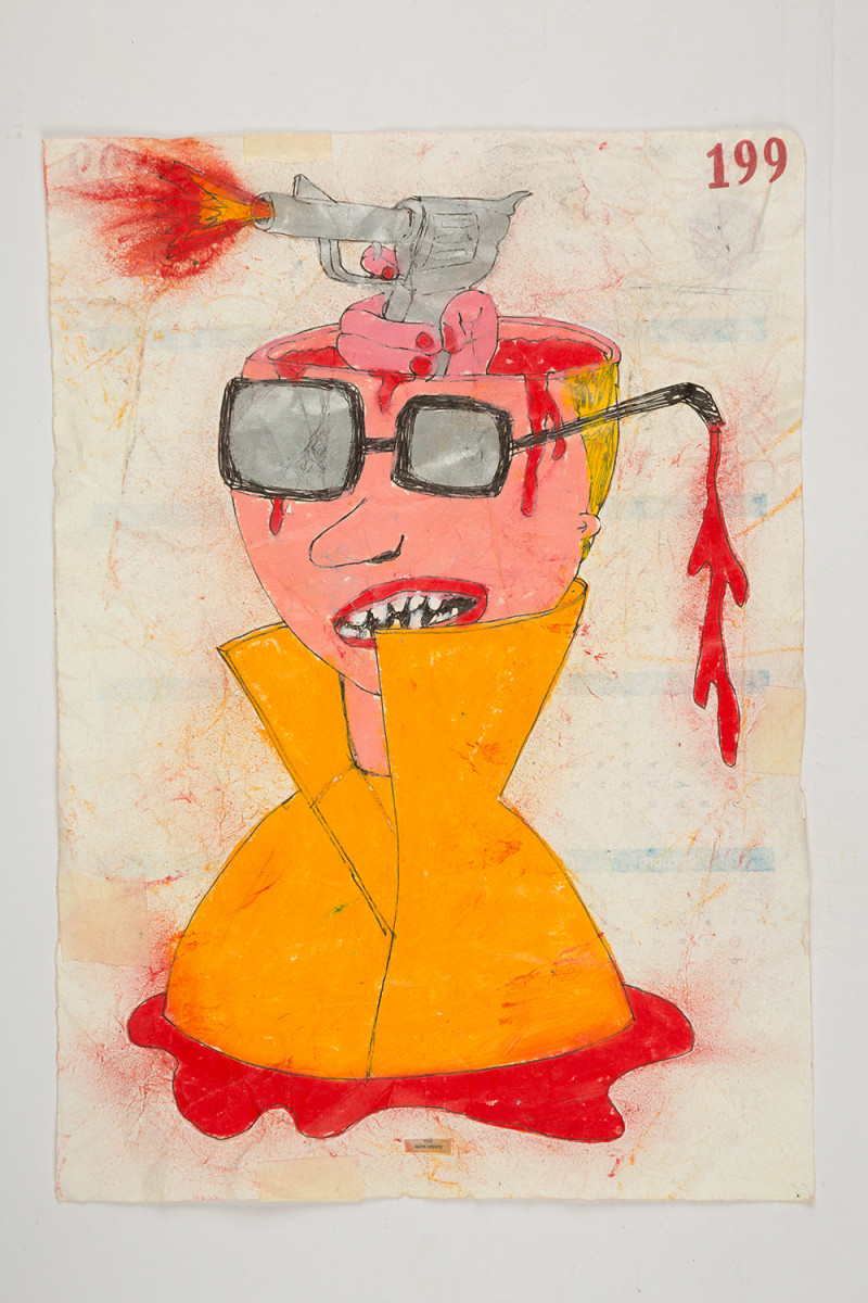 Camilo Restrepo. <em>Mente</em>, 2021. Water-soluble wax pastel, ink, tape and saliva on paper 11 3/4 x 8 1/4 inches (29.8 x 21 cm)