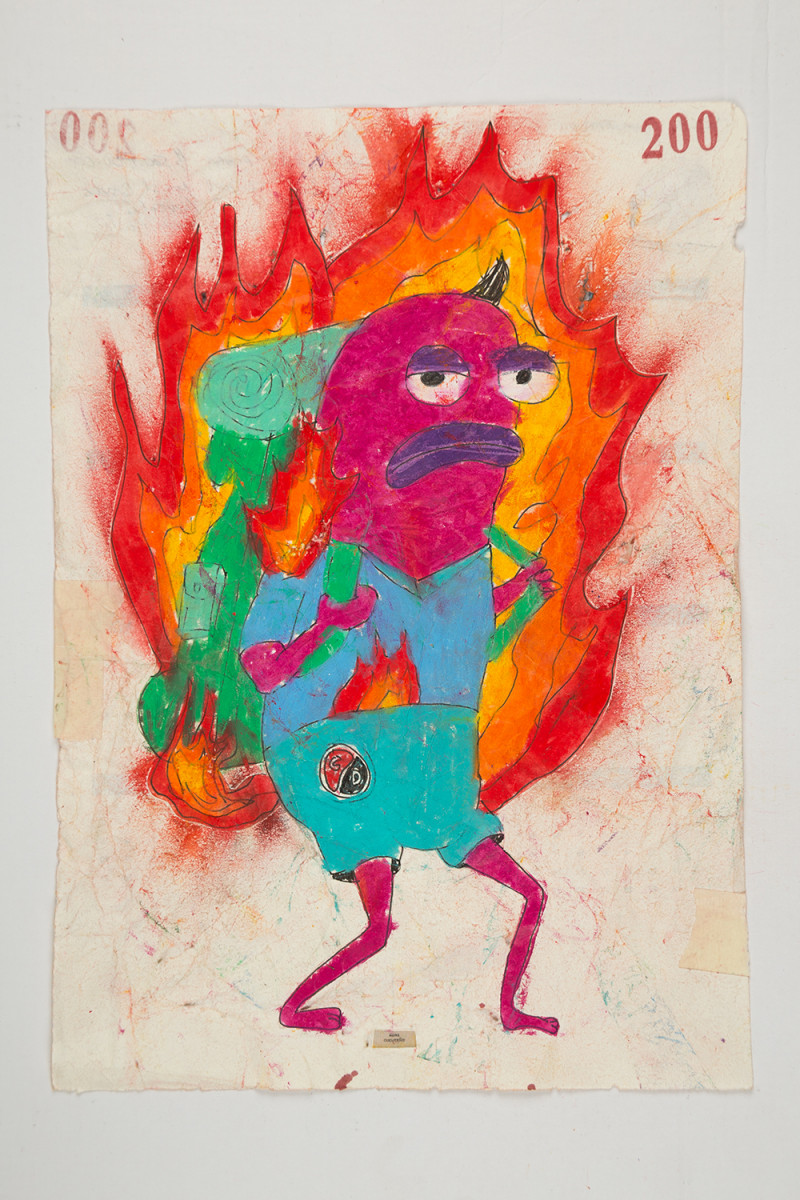 Camilo Restrepo. <em>Cucenteño</em>, 2021. Water-soluble wax pastel, ink, tape and saliva on paper 11 3/4 x 8 1/4 inches (29.8 x 21 cm)