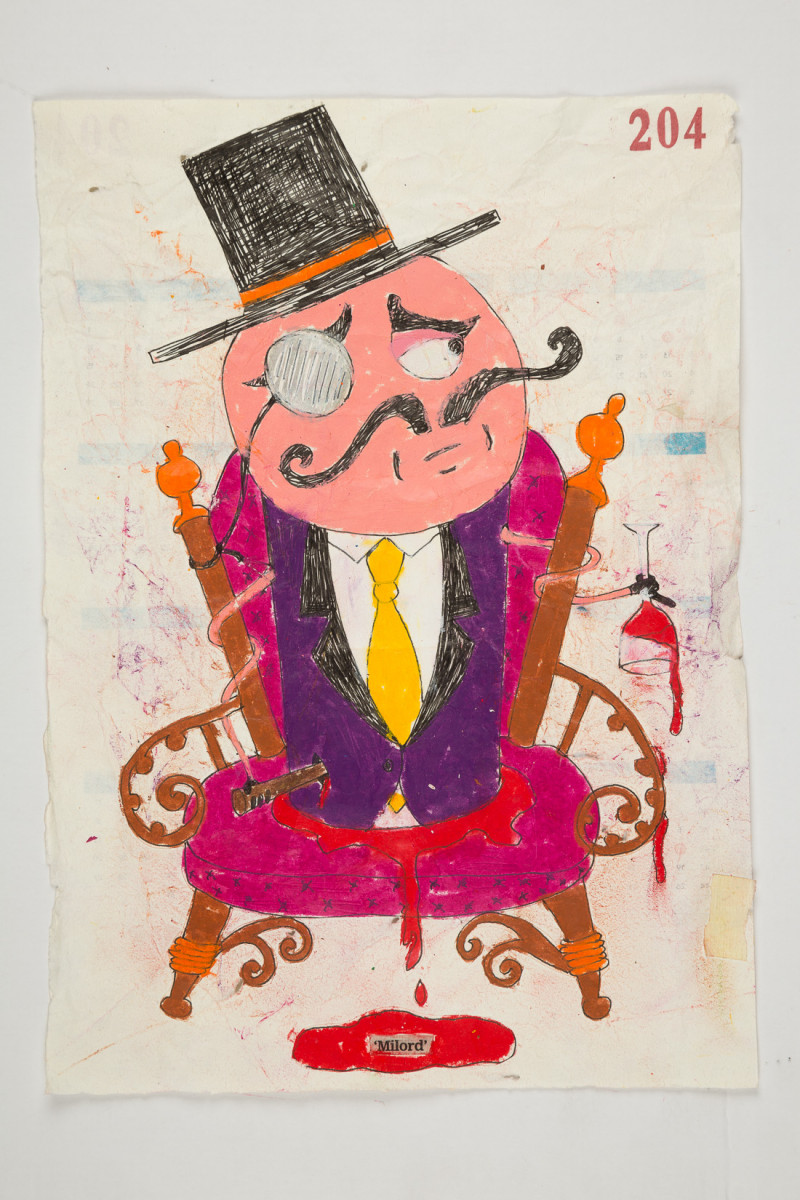 Camilo Restrepo. <em>Milord</em>, 2021. Water-soluble wax pastel, ink, tape and saliva on paper 11 3/4 x 8 1/4 inches (29.8 x 21 cm)