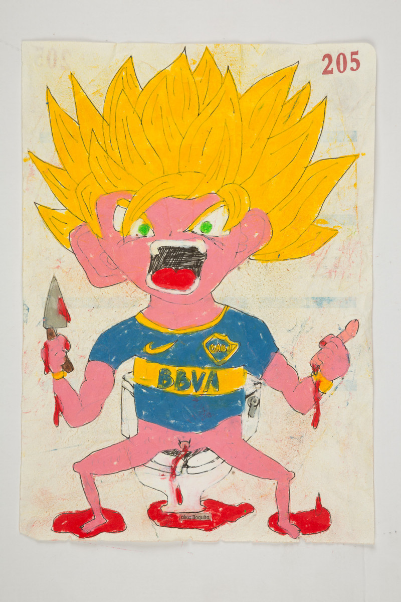 Camilo Restrepo. <em>Boquita</em>, 2021. Water-soluble wax pastel, ink, tape and saliva on paper 11 3/4 x 8 1/4 inches (29.8 x 21 cm)