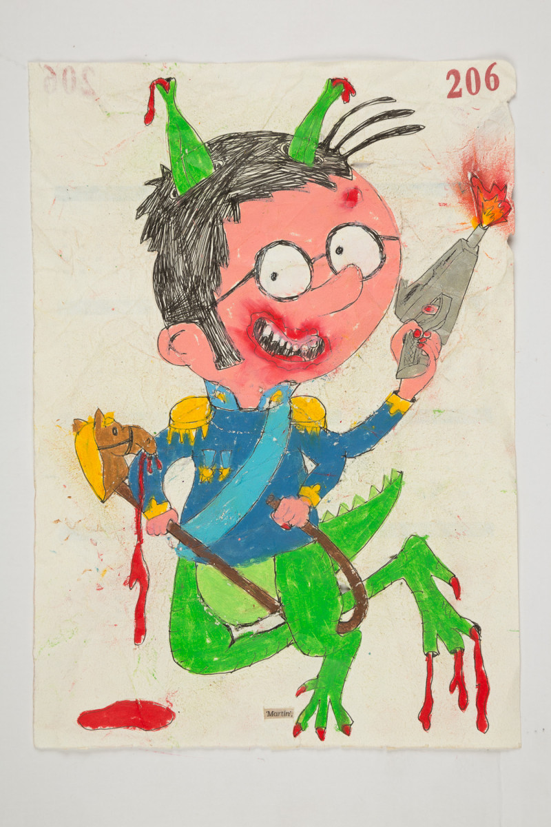 Camilo Restrepo. <em>Martìn</em>, 2021. Water-soluble wax pastel, ink, tape and saliva on paper 11 3/4 x 8 1/4 inches (29.8 x 21 cm)