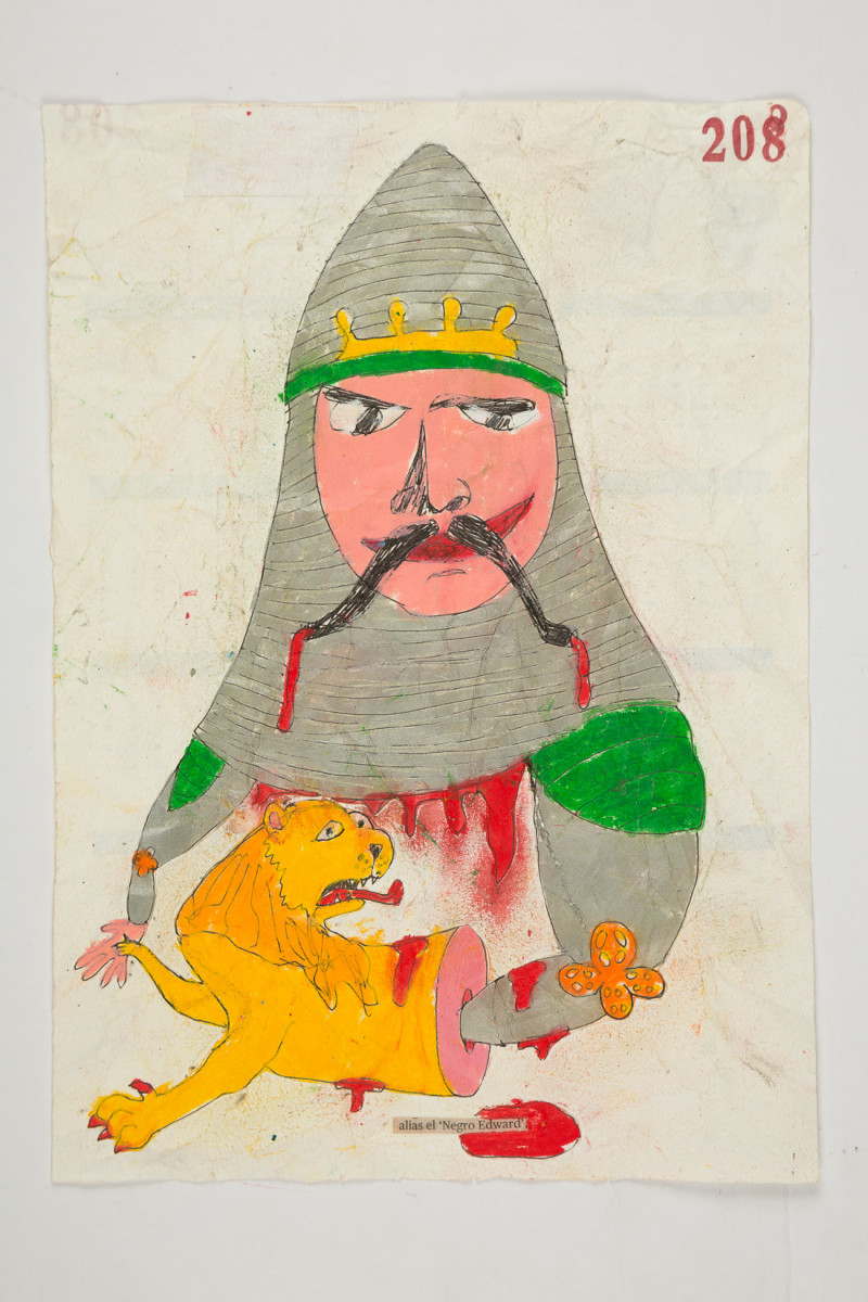 Camilo Restrepo. <em>Negro Edward</em>, 2021. Water-soluble wax pastel, ink, tape and saliva on paper 11 3/4 x 8 1/4 inches (29.8 x 21 cm)
