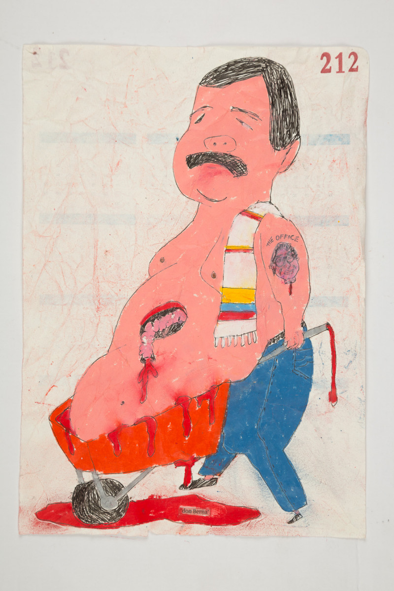 Camilo Restrepo. <em>Don Berna</em>, 2021. Water-soluble wax pastel, ink, tape and saliva on paper 11 3/4 x 8 1/4 inches (29.8 x 21 cm)