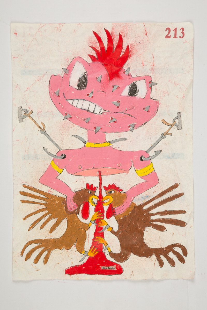 Camilo Restrepo. <em>Teylor</em>, 2021. Water-soluble wax pastel, ink, tape and saliva on paper 11 3/4 x 8 1/4 inches (29.8 x 21 cm)