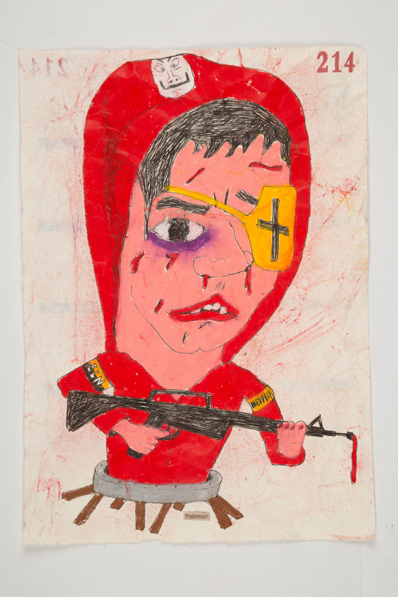 Camilo Restrepo. <em>Palermo</em>, 2021. Water-soluble wax pastel, ink, tape and saliva on paper 11 3/4 x 8 1/4 inches (29.8 x 21 cm)