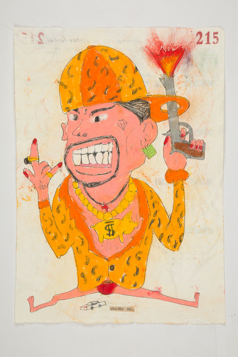 Camilo Restrepo. <em>Blin Blin</em>, 2021. Water-soluble wax pastel, ink, tape and saliva on paper 11 3/4 x 8 1/4 inches (29.8 x 21 cm)