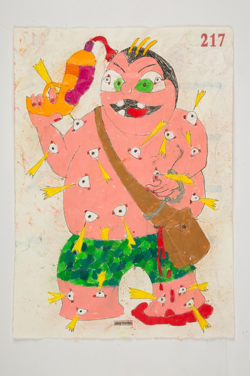 Camilo Restrepo. <em>Yomba</em>, 2021. Water-soluble wax pastel, ink, tape and saliva on paper 11 3/4 x 8 1/4 inches (29.8 x 21 cm)