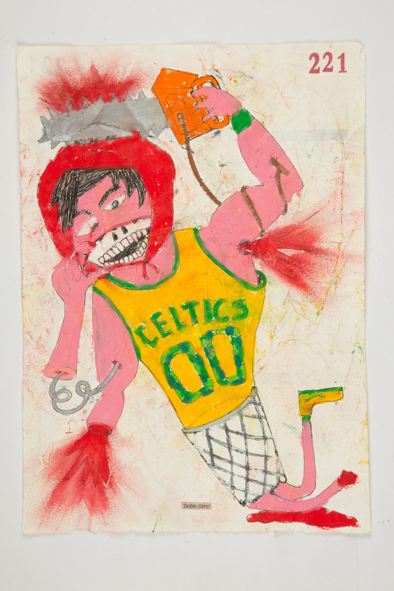 Camilo Restrepo. <em>Doble Cero</em>, 2021. Water-soluble wax pastel, ink, tape and saliva on paper 11 3/4 x 8 1/4 inches (29.8 x 21 cm)