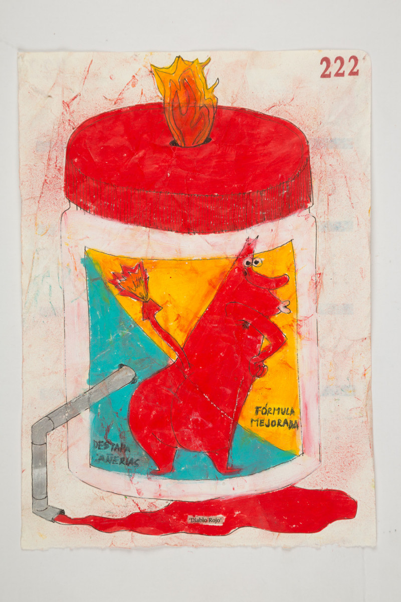 Camilo Restrepo. <em>Diablo Rojo</em>, 2021. Water-soluble wax pastel, ink, tape and saliva on paper 11 3/4 x 8 1/4 inches (29.8 x 21 cm)