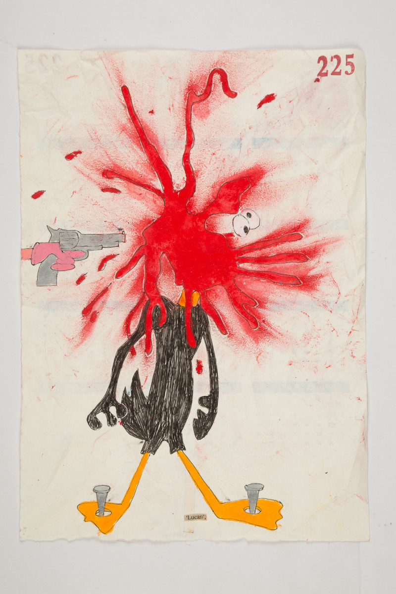 Camilo Restrepo. <em>Lucas</em>, 2021. Water-soluble wax pastel, ink, tape and saliva on paper 11 3/4 x 8 1/4 inches (29.8 x 21 cm)