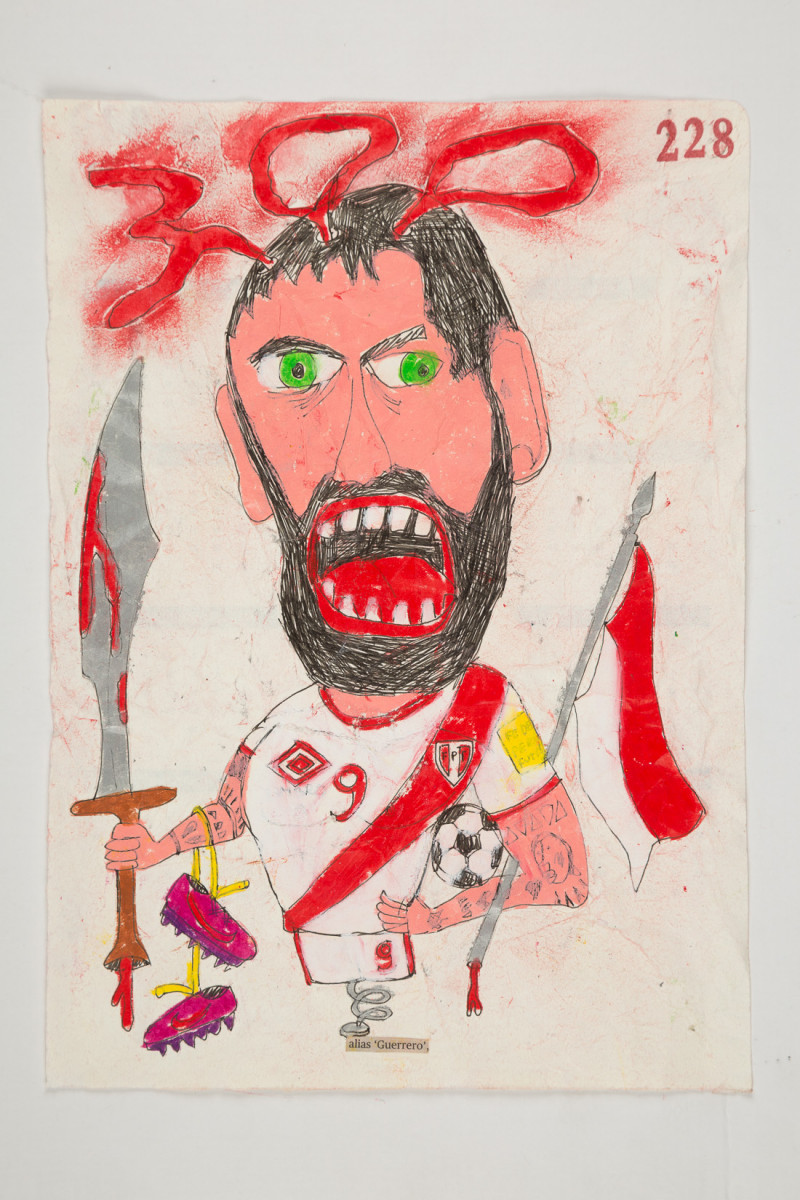 Camilo Restrepo. <em>Guerrero</em>, 2021. Water-soluble wax pastel, ink, tape and saliva on paper 11 3/4 x 8 1/4 inches (29.8 x 21 cm)