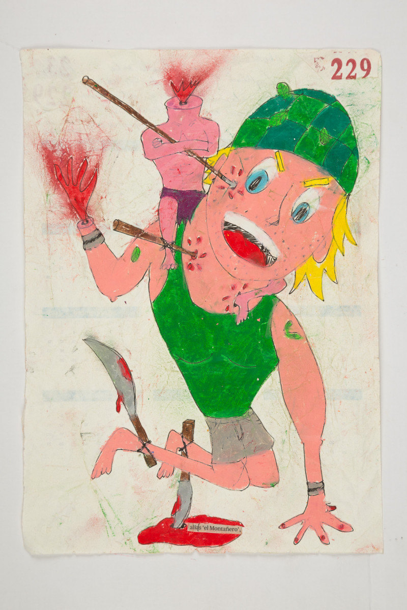 Camilo Restrepo. <em>Montañero</em>, 2021. Water-soluble wax pastel, ink, tape and saliva on paper 11 3/4 x 8 1/4 inches (29.8 x 21 cm)