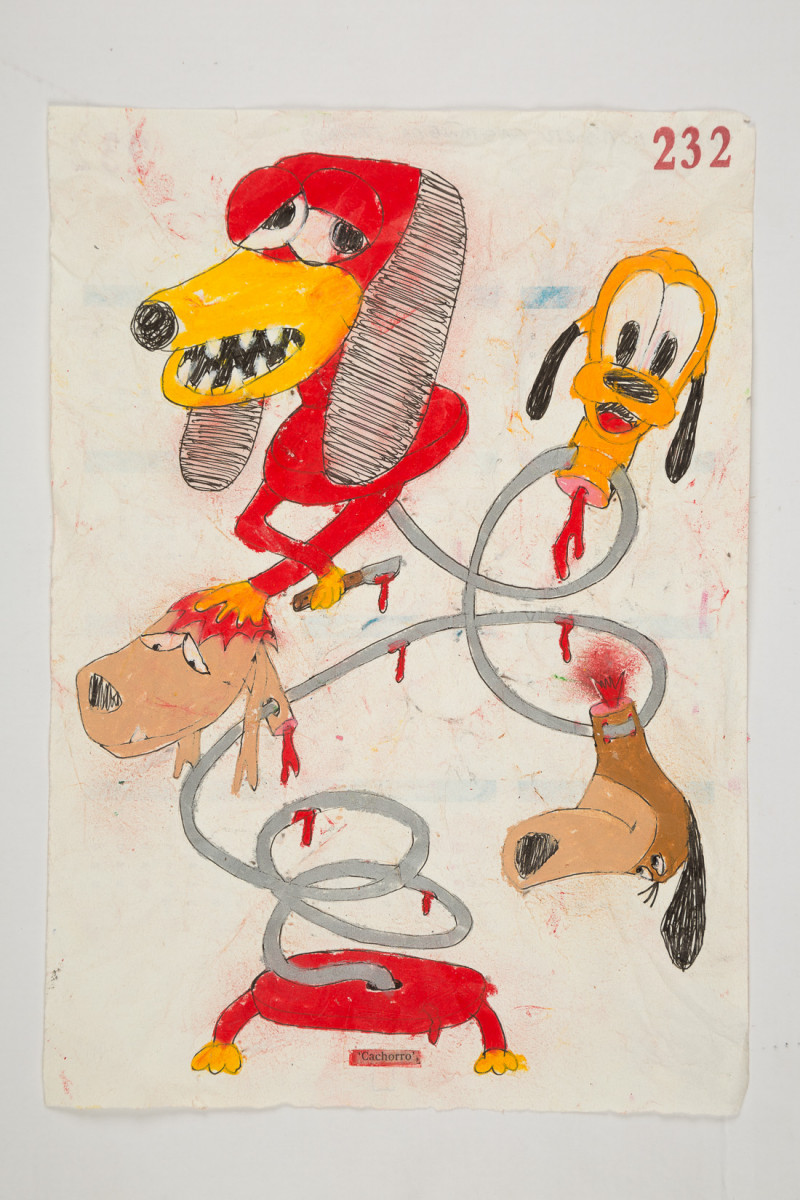 Camilo Restrepo. <em>Cachorro</em>, 2021. Water-soluble wax pastel, ink, tape and saliva on paper 11 3/4 x 8 1/4 inches (29.8 x 21 cm)