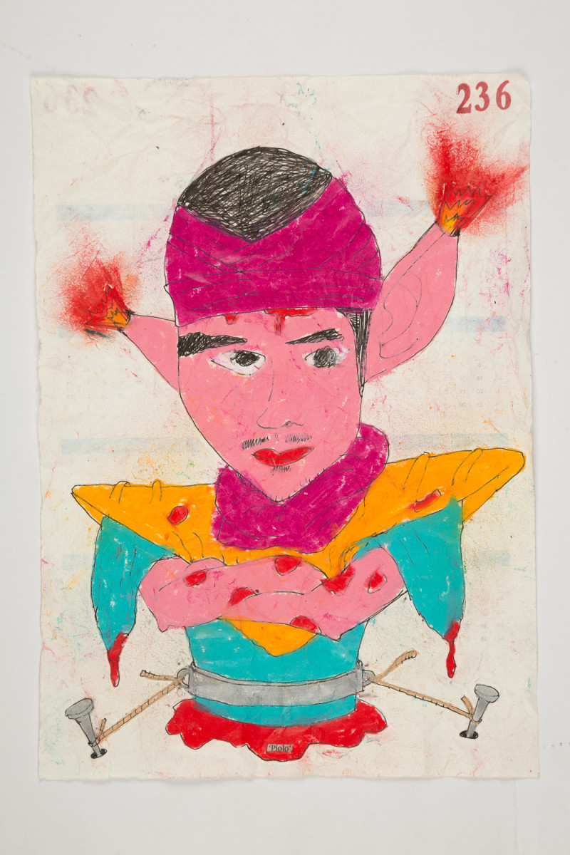 Camilo Restrepo. <em>Piolo</em>, 2021. Water-soluble wax pastel, ink, tape and saliva on paper 11 3/4 x 8 1/4 inches (29.8 x 21 cm)