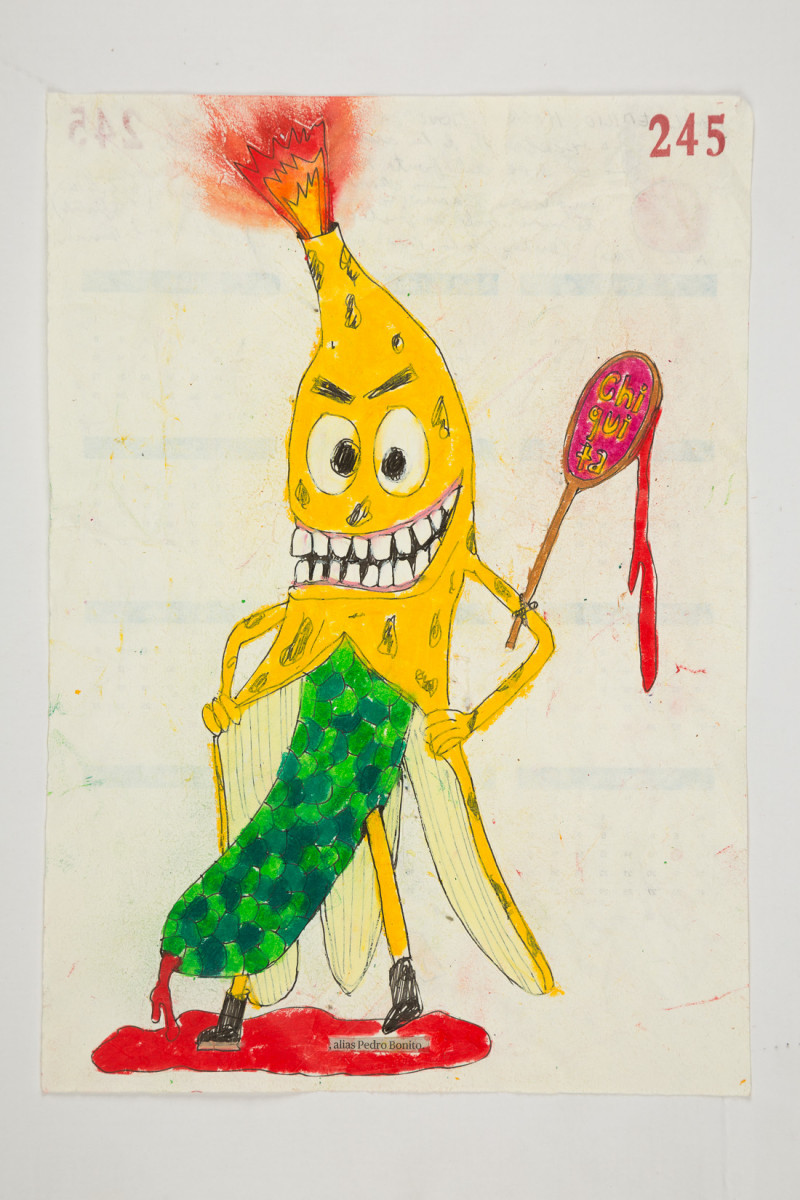 Camilo Restrepo. <em>Pedro Bonito</em>, 2021. Water-soluble wax pastel, ink, tape and saliva on paper 11 3/4 x 8 1/4 inches (29.8 x 21 cm)