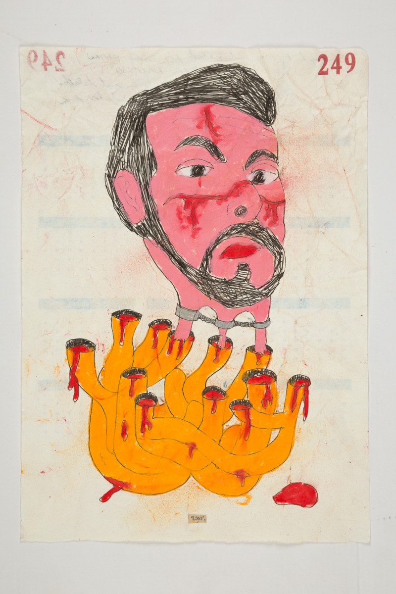 Camilo Restrepo. <em>Liso</em>, 2021. Water-soluble wax pastel, ink, tape and saliva on paper 11 3/4 x 8 1/4 inches (29.8 x 21 cm)