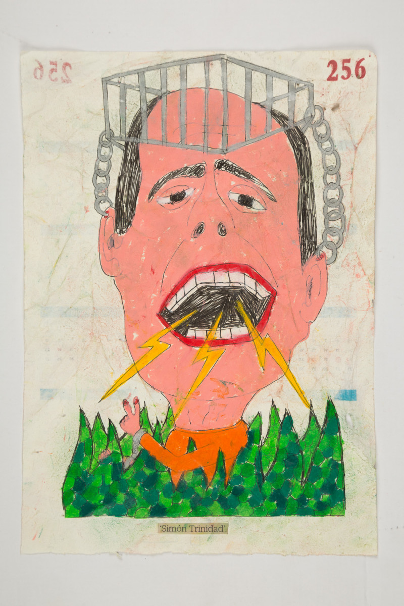 Camilo Restrepo. <em>Simòn Trinidad</em>, 2021. Water-soluble wax pastel, ink, tape and saliva on paper 11 3/4 x 8 1/4 inches (29.8 x 21 cm)