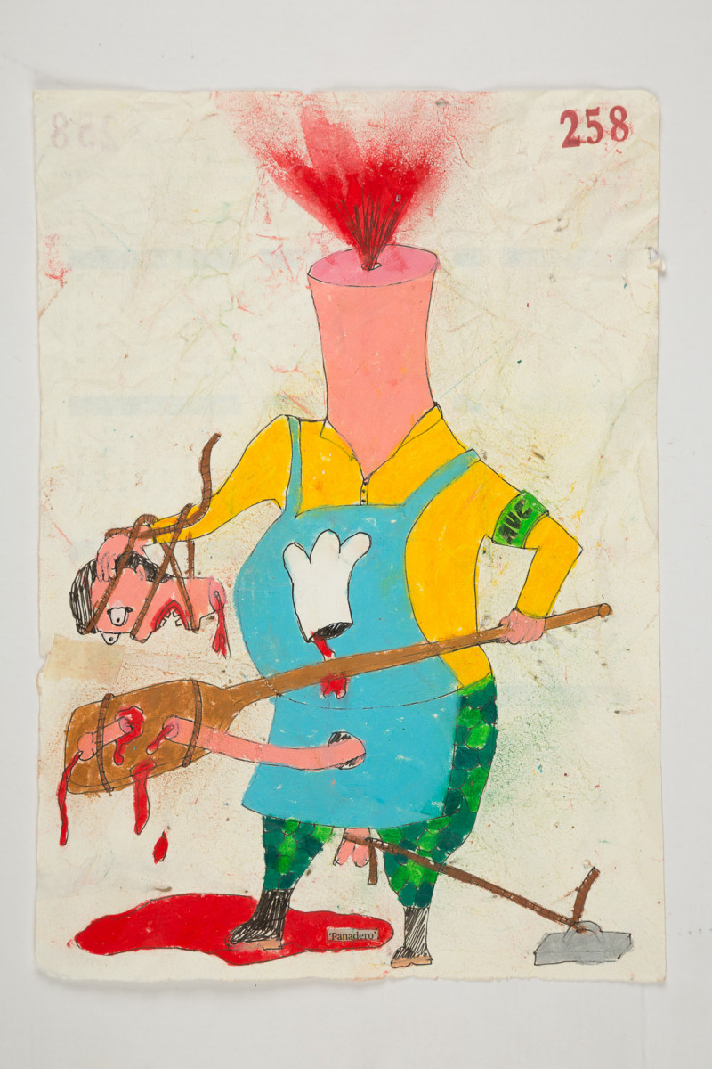 Camilo Restrepo. <em>Panadero</em>, 2021. Water-soluble wax pastel, ink, tape and saliva on paper 11 3/4 x 8 1/4 inches (29.8 x 21 cm)