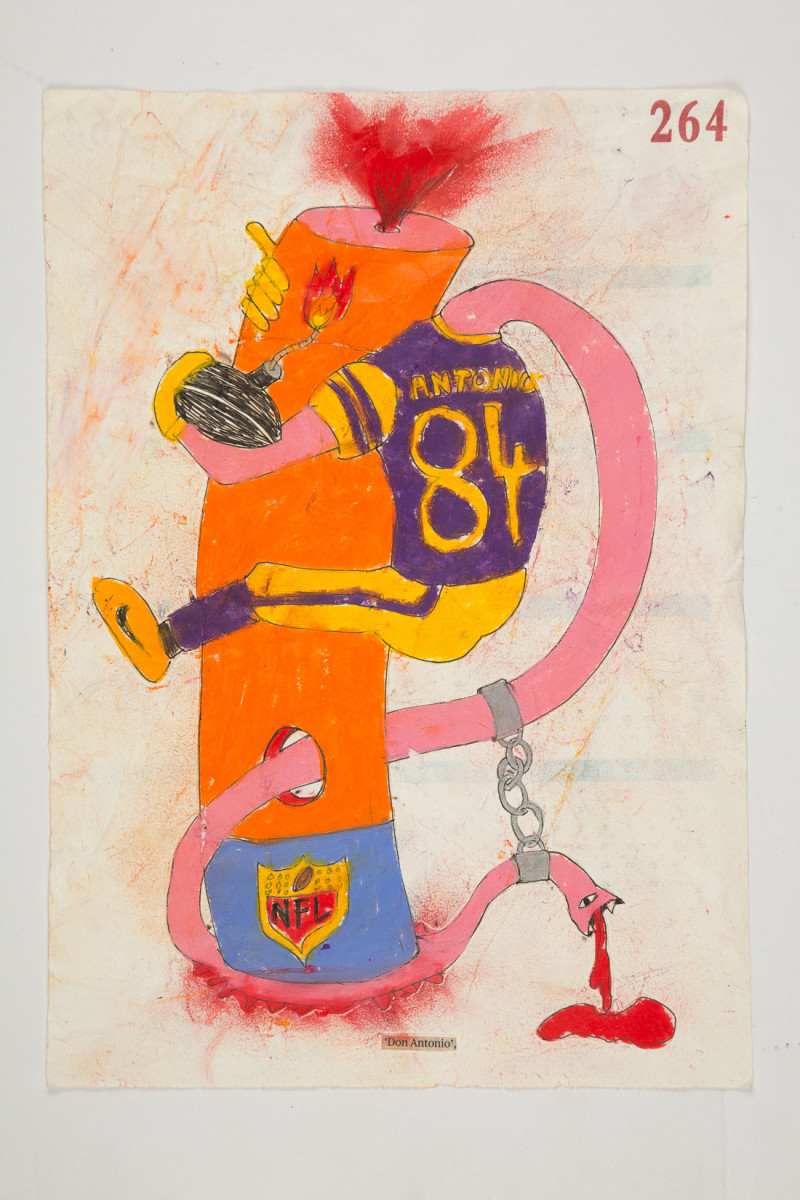 Camilo Restrepo. <em>Don Antonio</em>, 2021. Water-soluble wax pastel, ink, tape and saliva on paper 11 3/4 x 8 1/4 inches (29.8 x 21 cm)