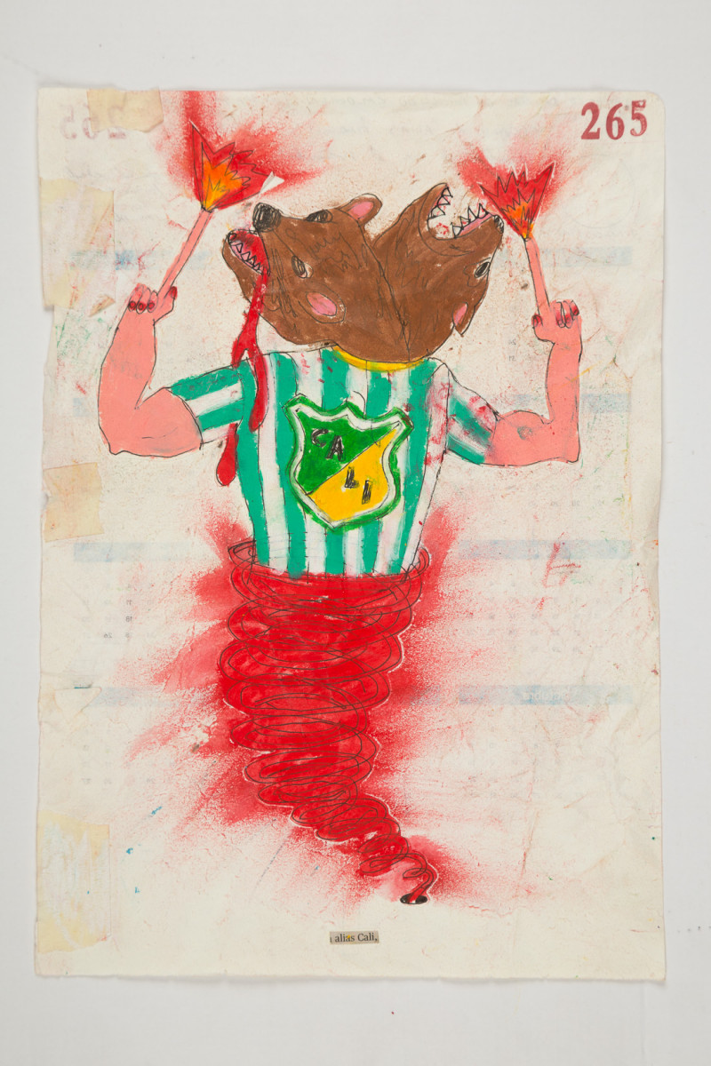 Camilo Restrepo. <em>Cali</em>, 2021. Water-soluble wax pastel, ink, tape and saliva on paper 11 3/4 x 8 1/4 inches (29.8 x 21 cm)