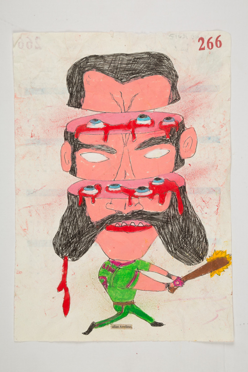 Camilo Restrepo. <em>Avelino</em>, 2021. Water-soluble wax pastel, ink, tape and saliva on paper 11 3/4 x 8 1/4 inches (29.8 x 21 cm)