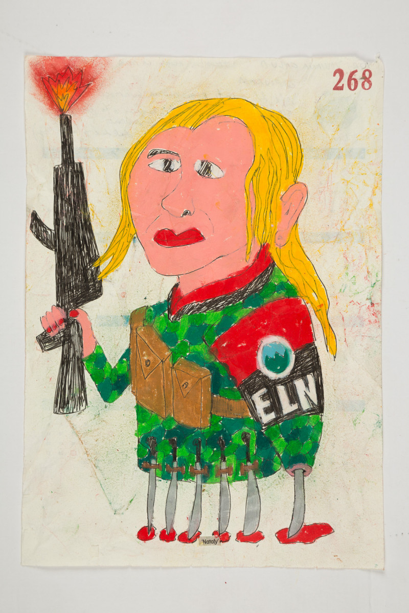 Camilo Restrepo. <em>Nataly</em>, 2021. Water-soluble wax pastel, ink, tape and saliva on paper 11 3/4 x 8 1/4 inches (29.8 x 21 cm)