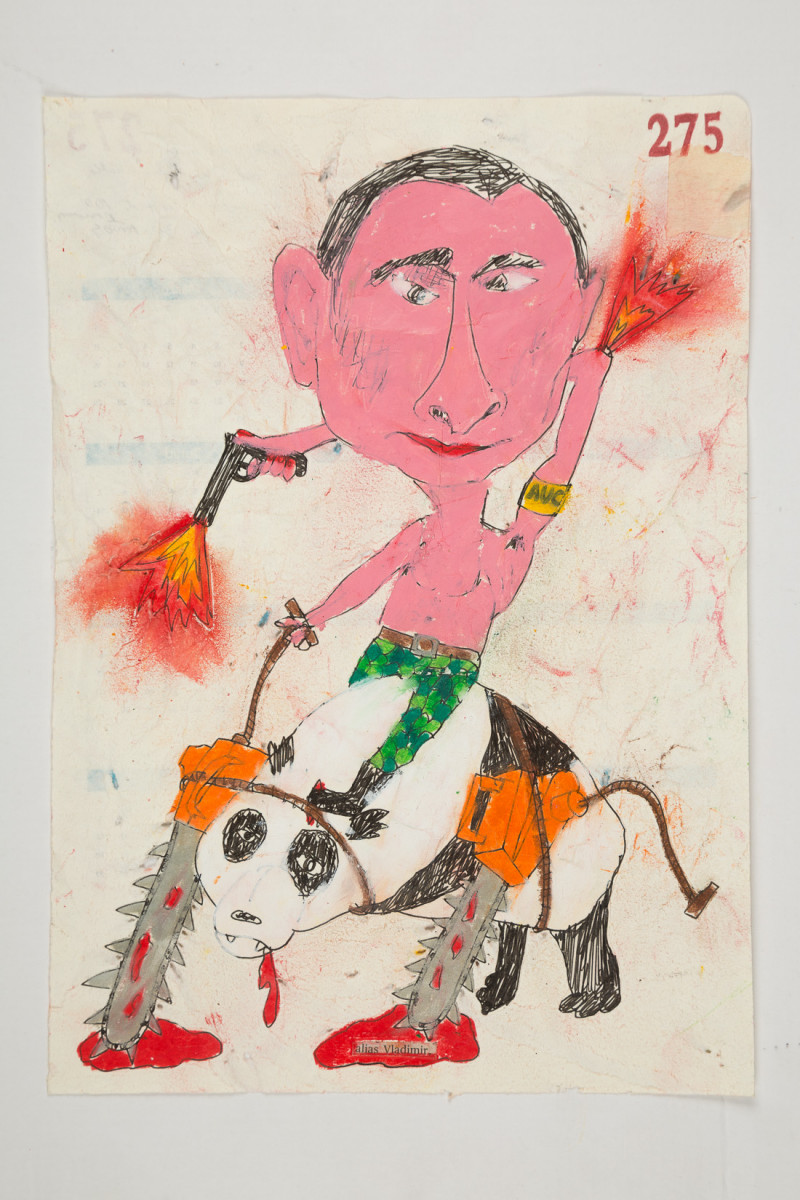 Camilo Restrepo. <em>Vladimir</em>, 2021. Water-soluble wax pastel, ink, tape and saliva on paper 11 3/4 x 8 1/4 inches (29.8 x 21 cm)