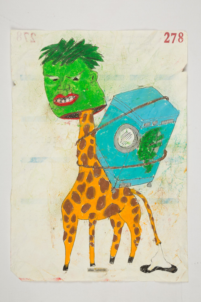 Camilo Restrepo. <em>Laverde</em>, 2021. Water-soluble wax pastel, ink, tape and saliva on paper 11 3/4 x 8 1/4 inches (29.8 x 21 cm)