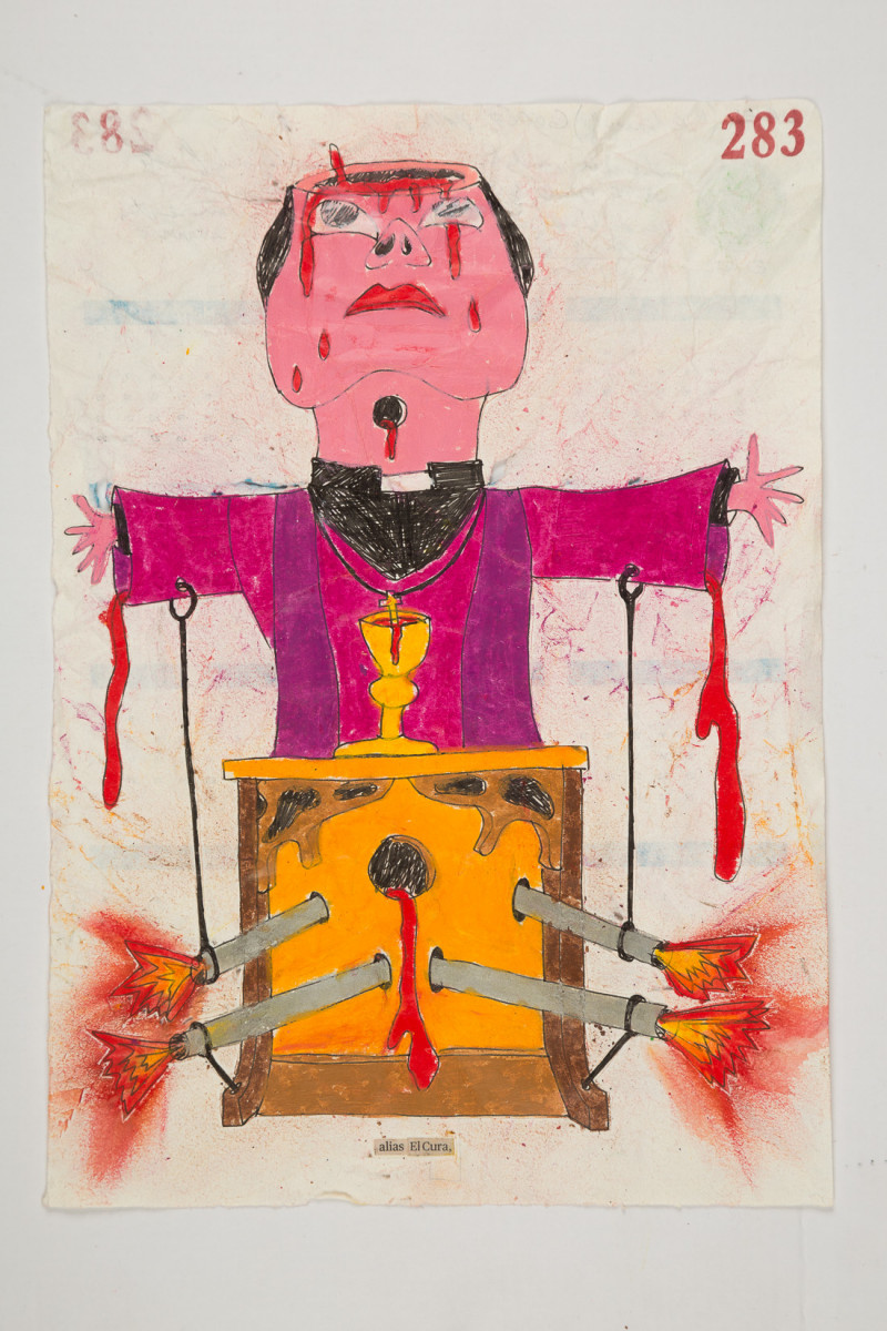 Camilo Restrepo. <em>Cura</em>, 2021. Water-soluble wax pastel, ink, tape and saliva on paper 11 3/4 x 8 1/4 inches (29.8 x 21 cm)