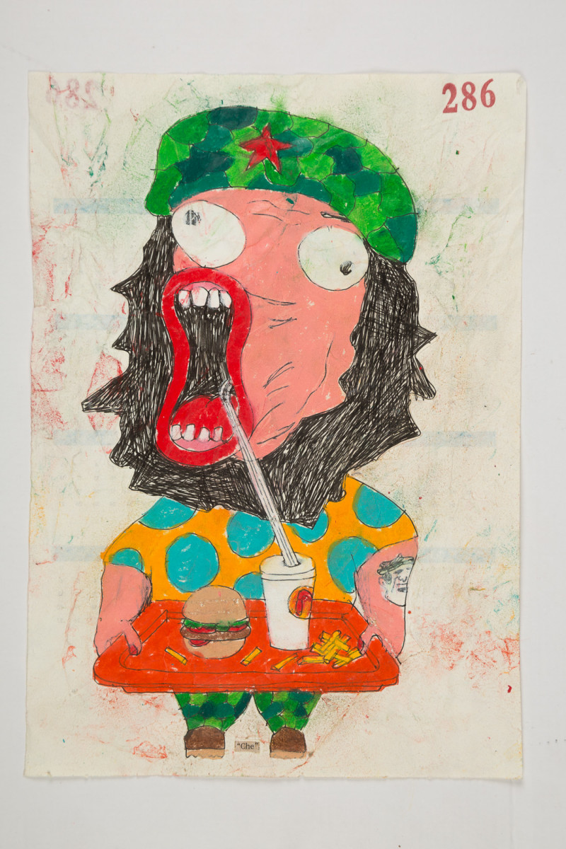 Camilo Restrepo. <em>Che</em>, 2021. Water-soluble wax pastel, ink, tape and saliva on paper 11 3/4 x 8 1/4 inches (29.8 x 21 cm)