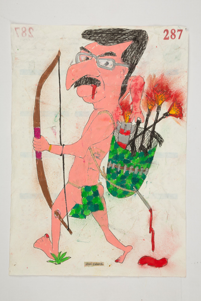 Camilo Restrepo. <em>Calarcà</em>, 2021. Water-soluble wax pastel, ink, tape and saliva on paper 11 3/4 x 8 1/4 inches (29.8 x 21 cm)