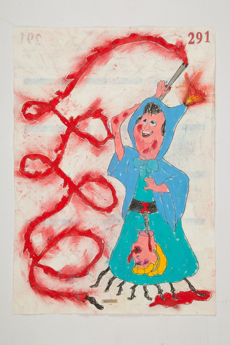Camilo Restrepo. <em>Madrina</em>, 2021. Water-soluble wax pastel, ink, tape and saliva on paper 11 3/4 x 8 1/4 inches (29.8 x 21 cm)