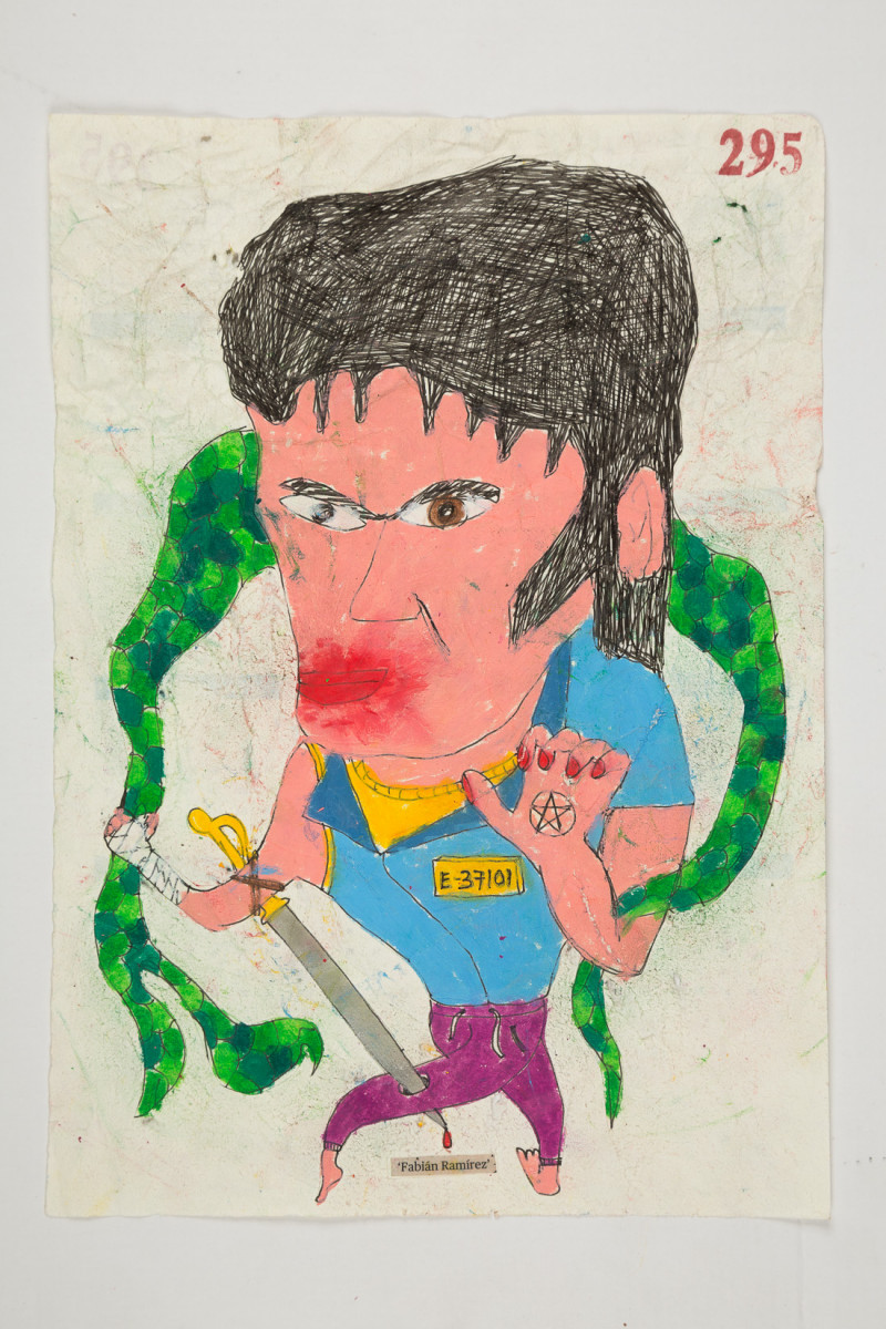 Camilo Restrepo. <em>Pablo Atrato</em>, 2021. Water-soluble wax pastel, ink, tape and saliva on paper 11 3/4 x 8 1/4 inches (29.8 x 21 cm)