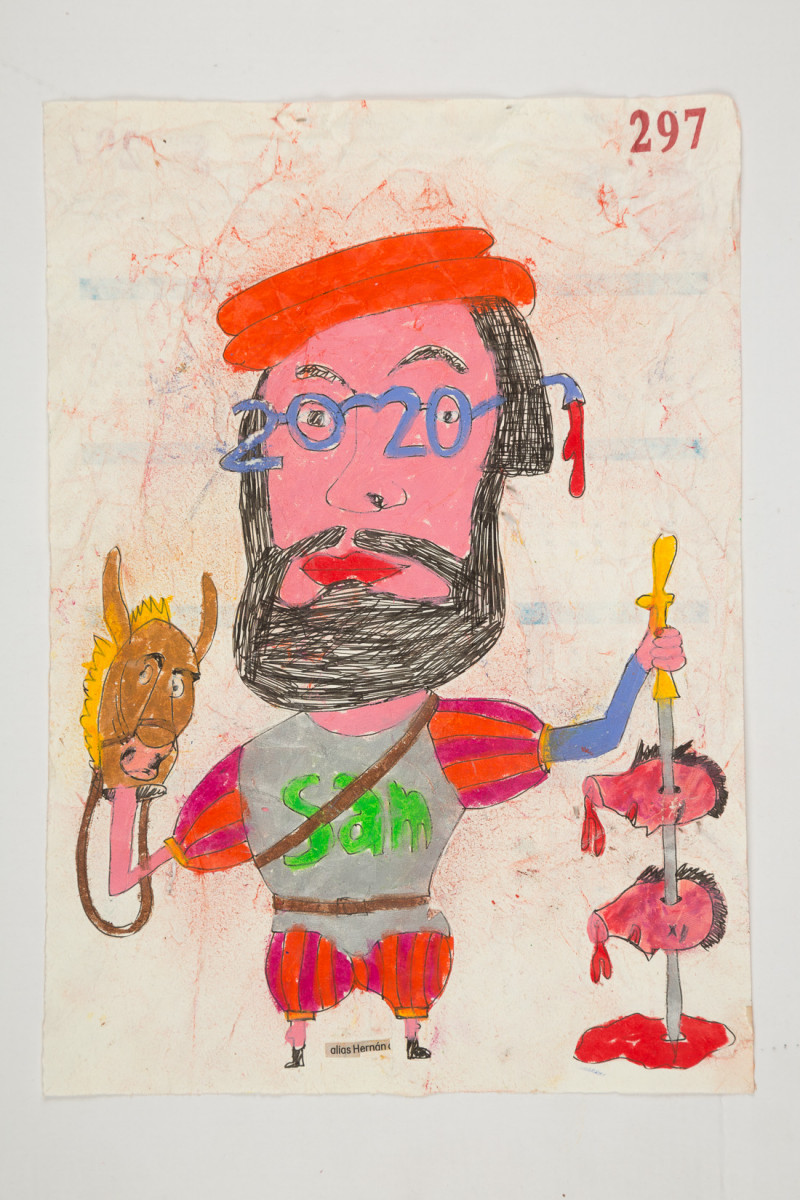 Camilo Restrepo. <em>Hernàn</em>, 2021. Water-soluble wax pastel, ink, tape and saliva on paper 11 3/4 x 8 1/4 inches (29.8 x 21 cm)