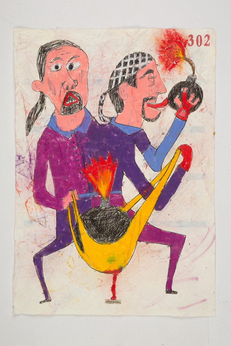 Camilo Restrepo. <em>Jesùs</em>, 2021. Water-soluble wax pastel, ink, tape and saliva on paper 11 3/4 x 8 1/4 inches (29.8 x 21 cm)