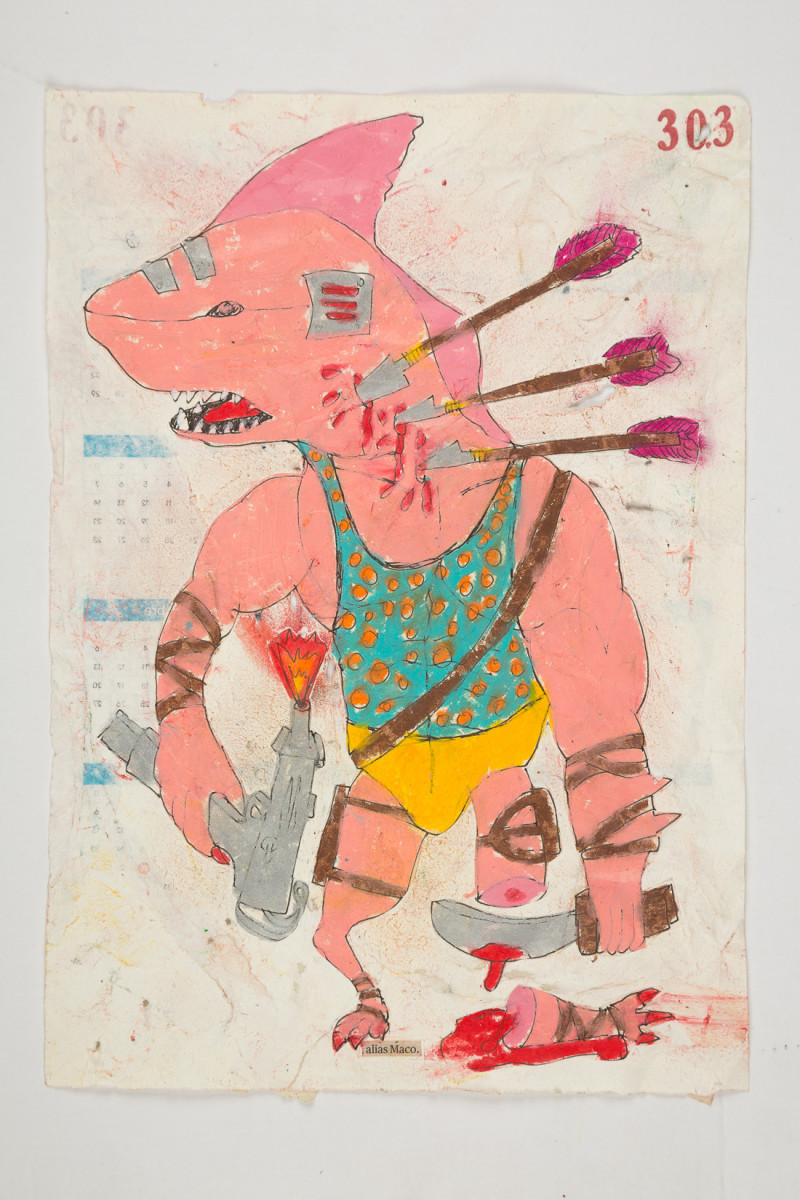Camilo Restrepo. <em>Maco</em>, 2021. Water-soluble wax pastel, ink, tape and saliva on paper 11 3/4 x 8 1/4 inches (29.8 x 21 cm)